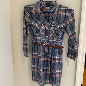 Theory blue, pink, white plaid button down shirt dress with belt, size 0